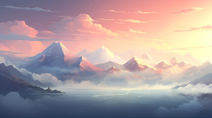Gentle morning background of a foggy lake surrounded by mountains.  AI generated illustration.
