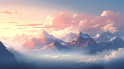 Mystical scenery of a foggy morning lake surrounded by mountains. AI generated illustration.