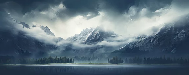 Foto auf Leinwand Mystical mountain landscape with a foggy lake surrounded by forest. AI generated illustration. © Ольга Зуевская