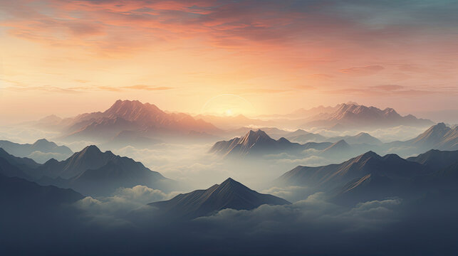 Mesmerizing foggy mountain landscape. AI generated illustration.