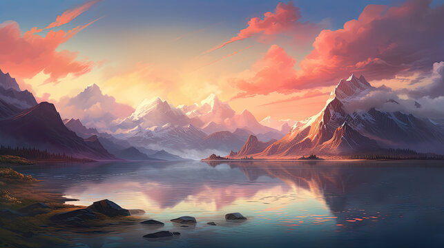 Peaceful scenery of a foggy morning lake surrounded by mountains. AI generated illustration.
