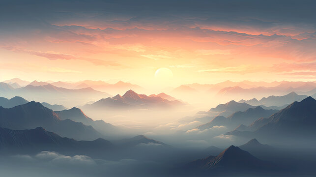 Mystical foggy mountain landscape. AI generated illustration.