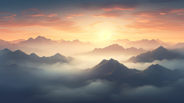 Peaceful misty mountain landscape. AI generated illustration.