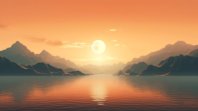 Fototapeta Mesmerizing picture of the morning sea on a beautiful mountain background.  AI generated illustration.