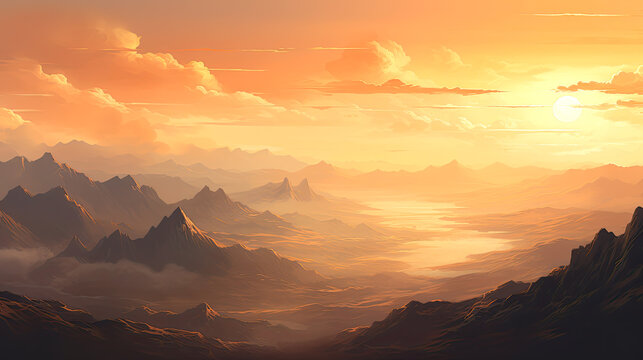 Peaceful, misty mountain landscape with a river in the golden rays of sunset. AI generated illustration.