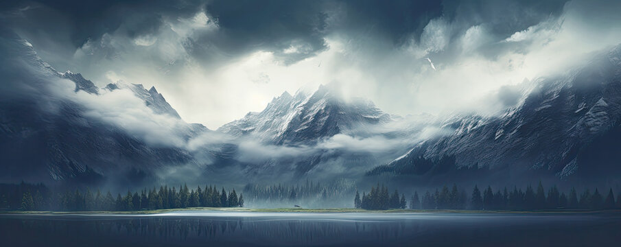 Mystical mountain landscape with a foggy lake surrounded by forest. AI generated illustration. - Powered by Adobe