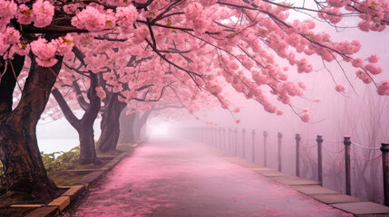Blooming cherry blossom urban landscape. Foggy alley with falling petals. AI generated illustration. - obrazy, fototapety, plakaty