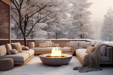 Cozy backyard deck with fire pit And sitting area in winter - obrazy, fototapety, plakaty