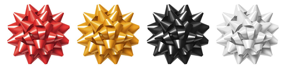 Set of black, red gold yellow, white star flower gift ribbon bow on transparent background cutout,...