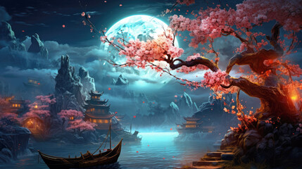 Magical mountain landscape with cherry blossoms on a starry sky background. AI generated illustration.