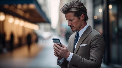 Close up photo of businessman watching  his smartphone on city street waiting for his date partner