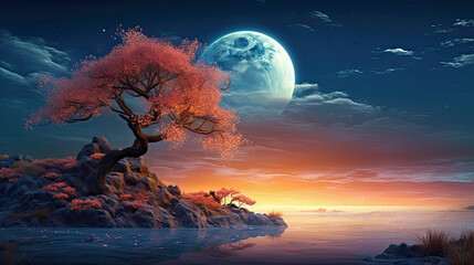 Peaceful landscape of a lonely tree, moon and starry sky. AI generated illustration.