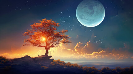 Fototapeta na wymiar Magical landscape of tree, moon and starry sky. AI generated illustration.