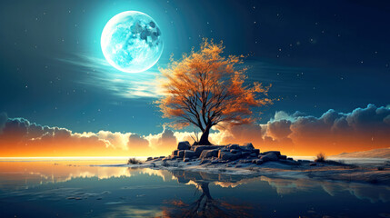 Inspiring landscape of tree, moon and starry sky.  AI generated illustration.