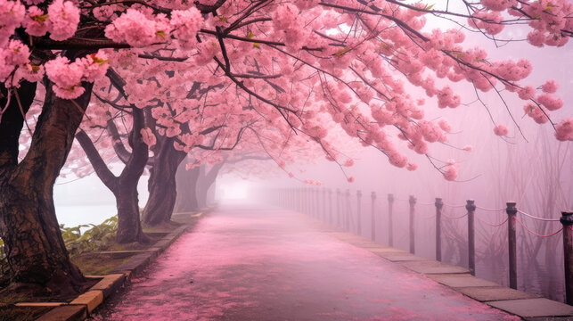 Fototapeta Blooming cherry blossom urban landscape. Foggy alley with falling petals. AI generated illustration.