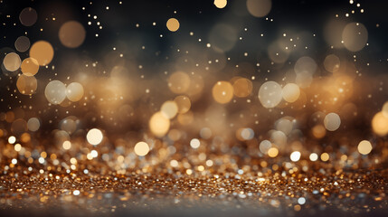 Festive abstract golden background with bokeh defocused glitter lights. Glinting gold specks and radiant hues. Christmas and New Year concept. - obrazy, fototapety, plakaty