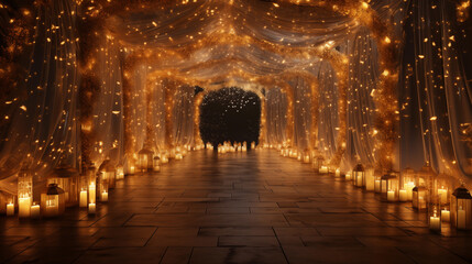 Lanterns in the tunnel of light. Glowing Christmas light garland decoration - obrazy, fototapety, plakaty