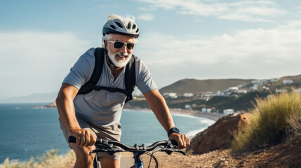 A man riding a bike down a dirt road next to the ocean.