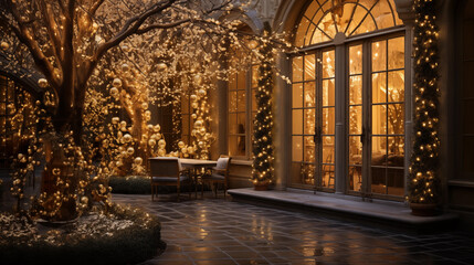 Christmas decorations in the lobby of the hotel, cozy courtyard. Glowing Christmas light garland decoration - obrazy, fototapety, plakaty