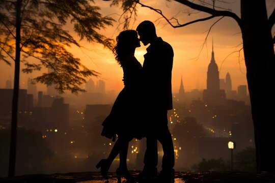 Fototapeta silhouette of a couple with city view background 