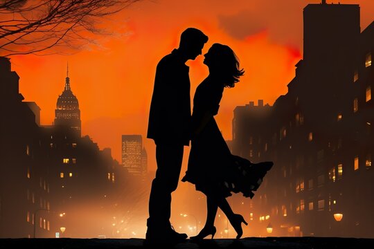 silhouette of a couple with city view background 