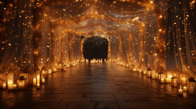 Fototapeta Lanterns in the tunnel of light. Glowing Christmas light garland decoration