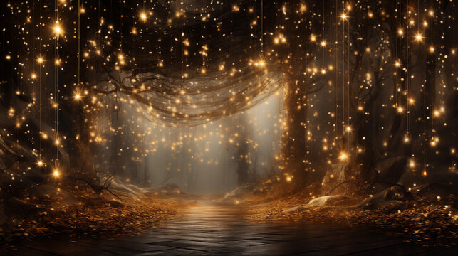 Dark mysterious forest with golden lights and smoke. Magical atmosphere. Glowing Christmas light garland decoration © mikeosphoto