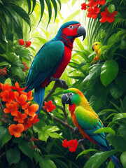 Beautiful Colorful View of wild Parrot sitting on the branch of green tree Generated by AI.