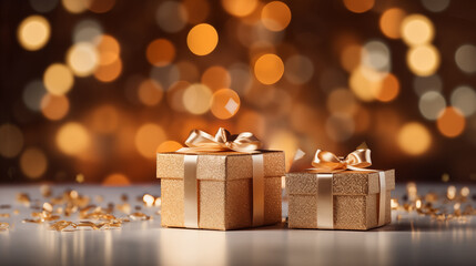 Golden gift boxes with golden bow on bokeh background with copy space. Christmas and New Year concept. Festive decoration on wooden table against defocused lights