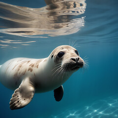 A seal swims gracefully near the surface of clear blue water, its form visible below the shining sun through the ocean's crystalline depths.