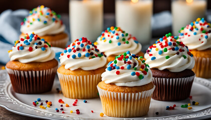 Fototapeta na wymiar Cupcakes decorated with white frosting and colorful sprinkles, attractively presented on a plate with a napkin, suggest a sweet homemade dessert treat. 