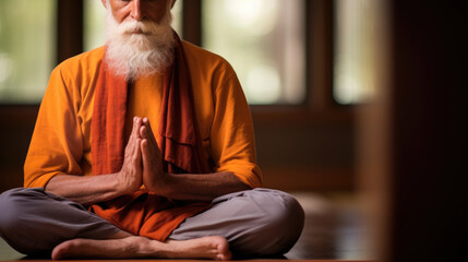 A man with a long white beard sitting in a meditation position.