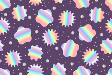 Seamless pattern with holographic stickers. Colorful rainbow flowers and dots of different shapes on a dark background. Vector illustration.