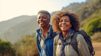 A man and a woman are smiling while hiking. Hiking outdoors, sport, leisure time.