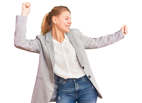 Young beautiful blonde woman wearing elegant jacket dancing happy and cheerful, smiling moving casual and confident listening to music - Powered by Adobe