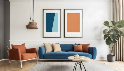 Blue sofa and terra cotta lounge chair against wall with two art posters Minimalist home interior design of modern living room
