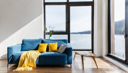 Blue sofa with yellow pillows and blanket against floor to ceiling window with lake view