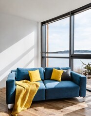 Blue sofa with yellow pillows and blanket against floor to ceiling window with lake view