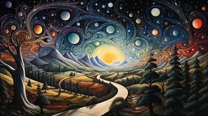 winding road landscape bright sun album cover glittering stars scattered about dreams surreal dreamy poetic swirl passages roads - obrazy, fototapety, plakaty