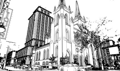 Person looking from the top of a building with gargoyles towards the city in black and white lineart vector