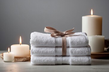 Snow-white towels on the table. Spa set.