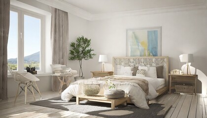 Fototapeta na wymiar Farmhouse interior design of modern bedroom with hardwood floor