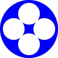 Blue and white vector graphic of a circle containing four smaller circles touching at the edges