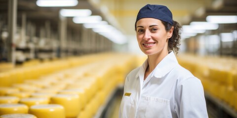 A woman in a white shirt and a blue hat. Cheese production facility.