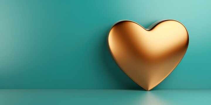 A smooth golden heart on a turquoise background, Valentine's Day card background, space for text	