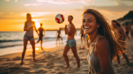 Teenagers are playing beach volleyball. - obrazy, fototapety, plakaty
