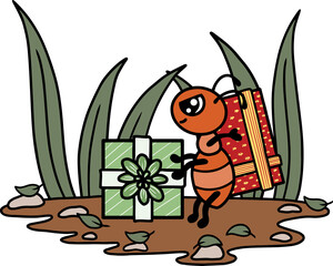 Line art ant with present