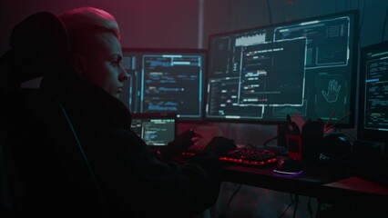 Focused female with hacker inclinations inspects program - Powered by Adobe