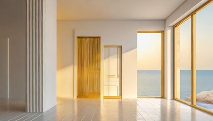Coastal, mediterranean interior design of modern entrance hall with door