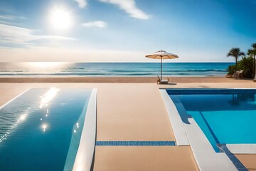 swimming pool with a backdrop of a beach.